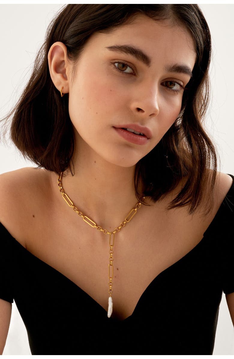 Katie Loxton Allure Waterproof Gold Pearl Lariat Necklace, Alternate, color, Gold