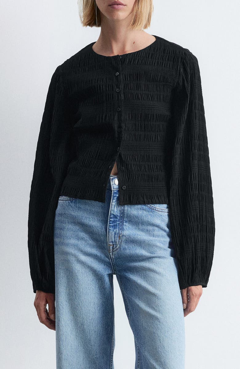 & Other Stories Smocked Balloon Sleeve Button-Up Top, Main, color, Black Dark