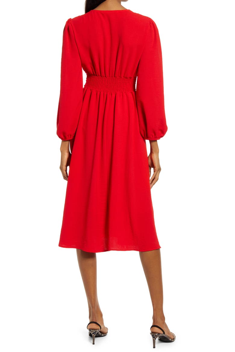 Empire Waist Long Sleeve Midi Dress, Alternate, color, RED