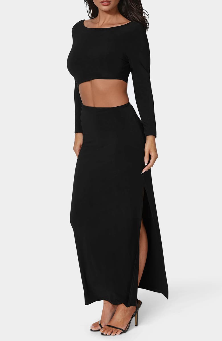 bebe Asymmetric Cutout Long Sleeve Dress, Alternate, color, Black