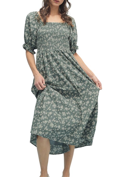 Floral Print Puff Sleeve Midi Dress