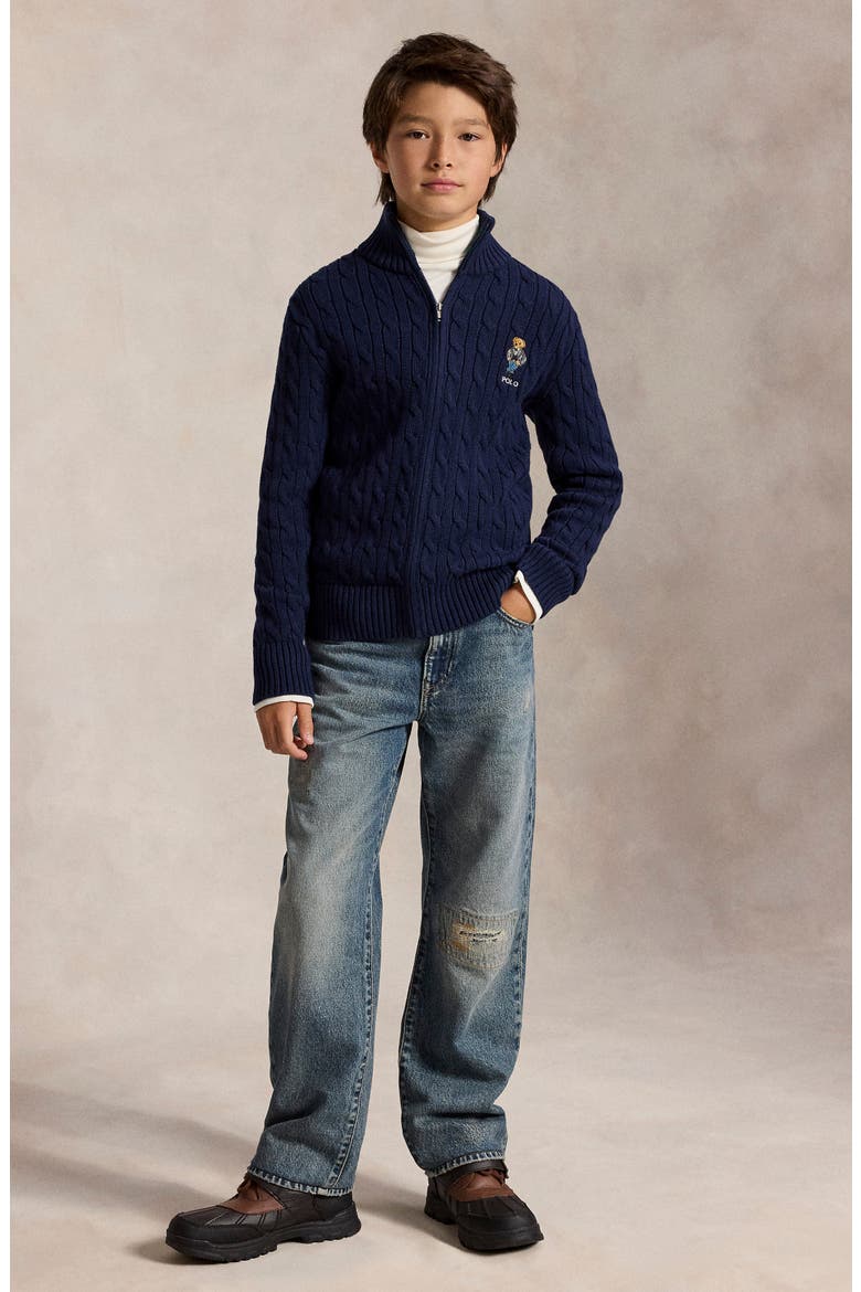 Kids' Polo Bear Cable Cotton Full Zip Sweater, Alternate, color, REFINED NAVY