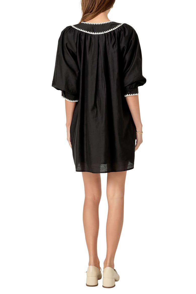 Embroidered Tie Neck Minidress, Alternate, color, BLACK/ WHITE