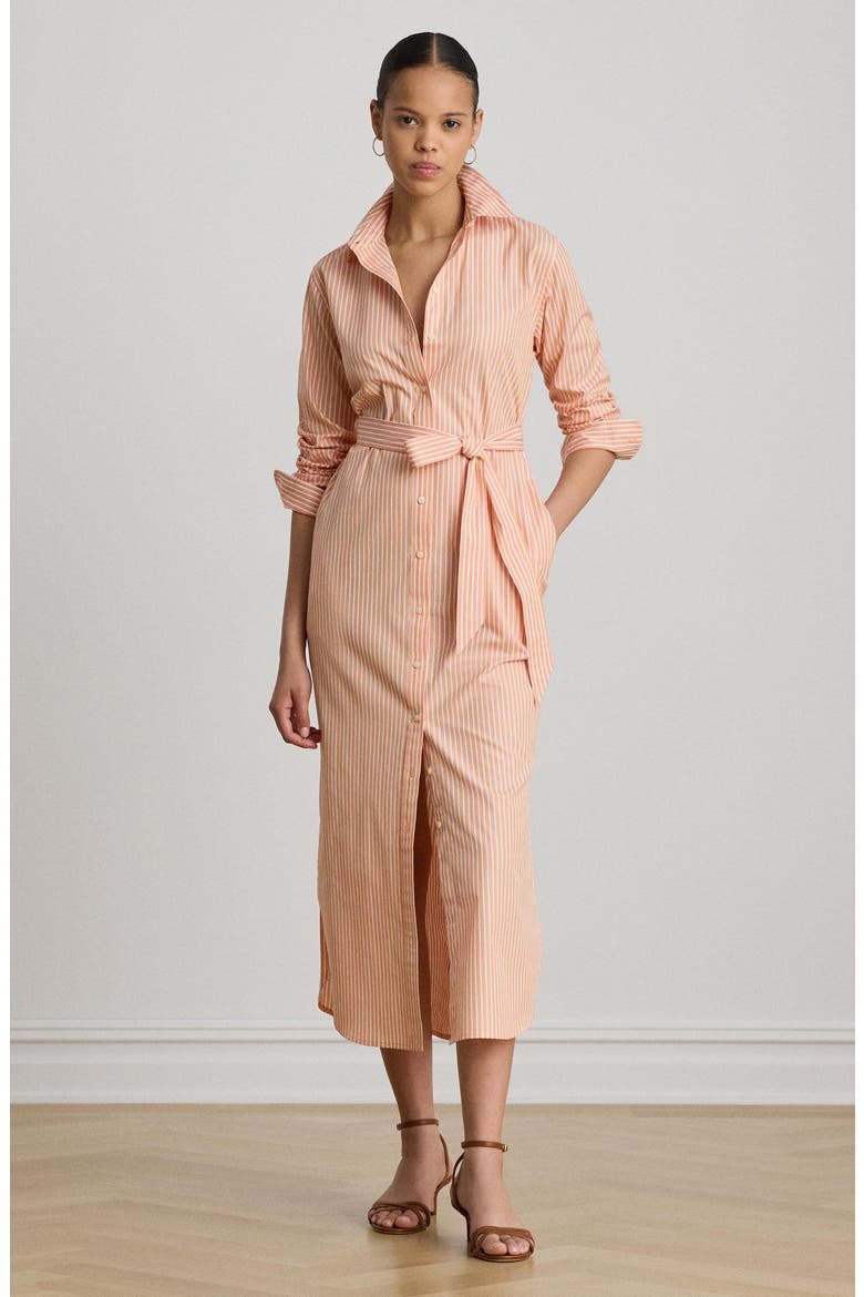 Stripe Long Sleeve Midi Shirtdress, Alternate, color, ORANGE/ WHITE