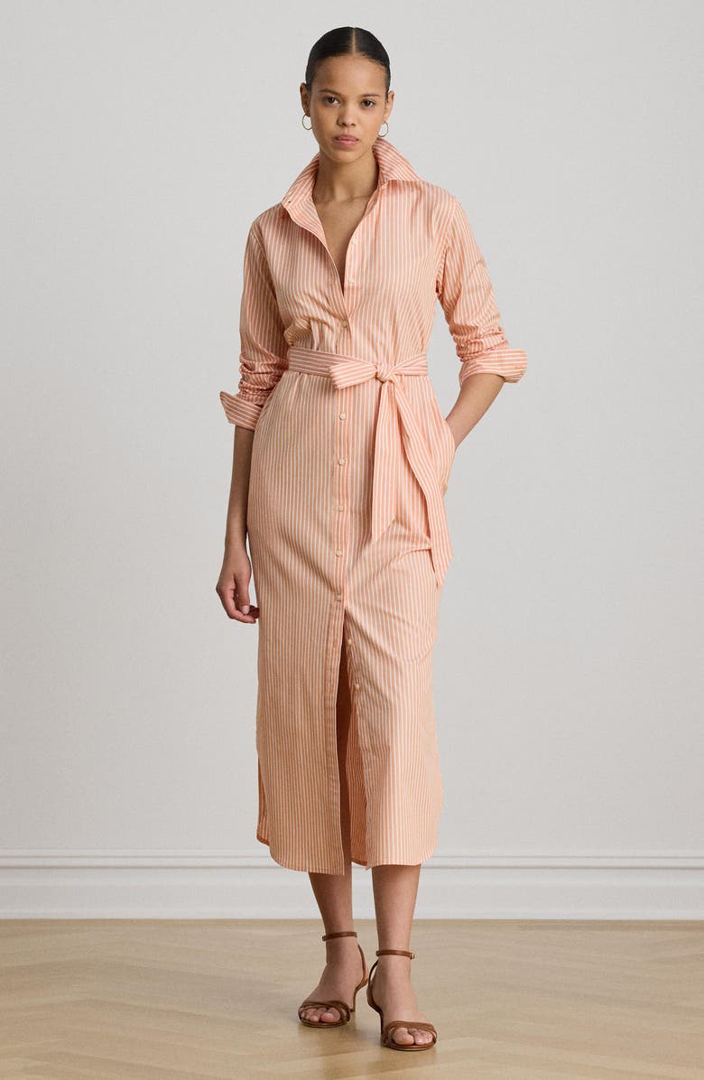 Lauren Ralph Lauren Stripe Long Sleeve Midi Shirtdress, Alternate, color, Orange/ White