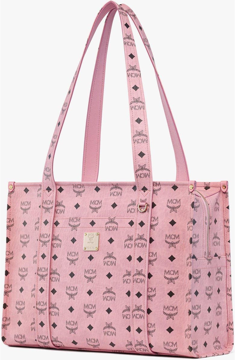 MCM Aren School Bag Tote in Visetos, Alternate, color, Soft Pink