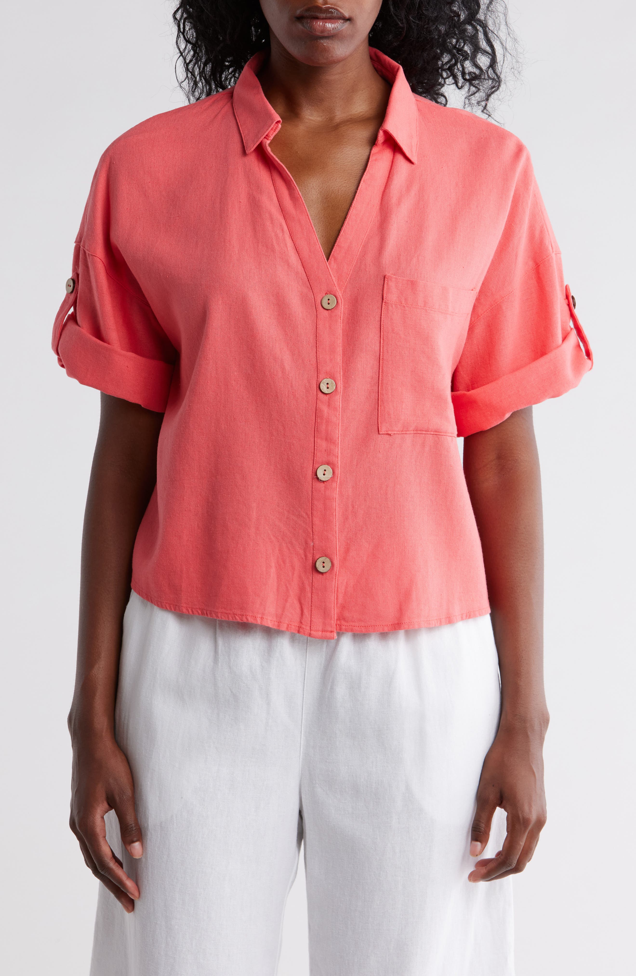 Boxy Short Sleeve Crop Button-Up Shirt - image 3