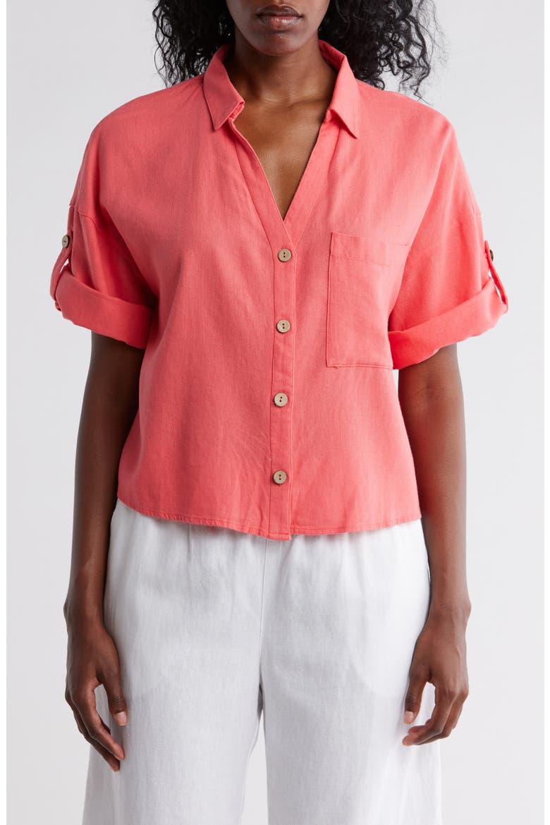 Boxy Short Sleeve Crop Button-Up Shirt, Main, color, CORAL