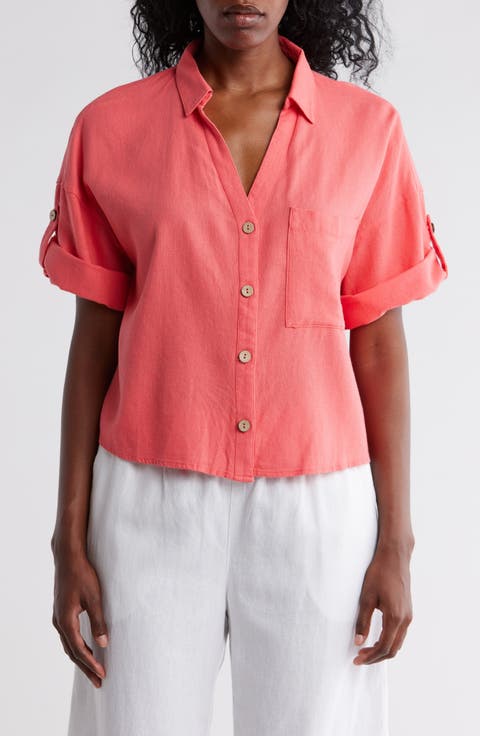 Boxy Short Sleeve Crop Button-Up Shirt