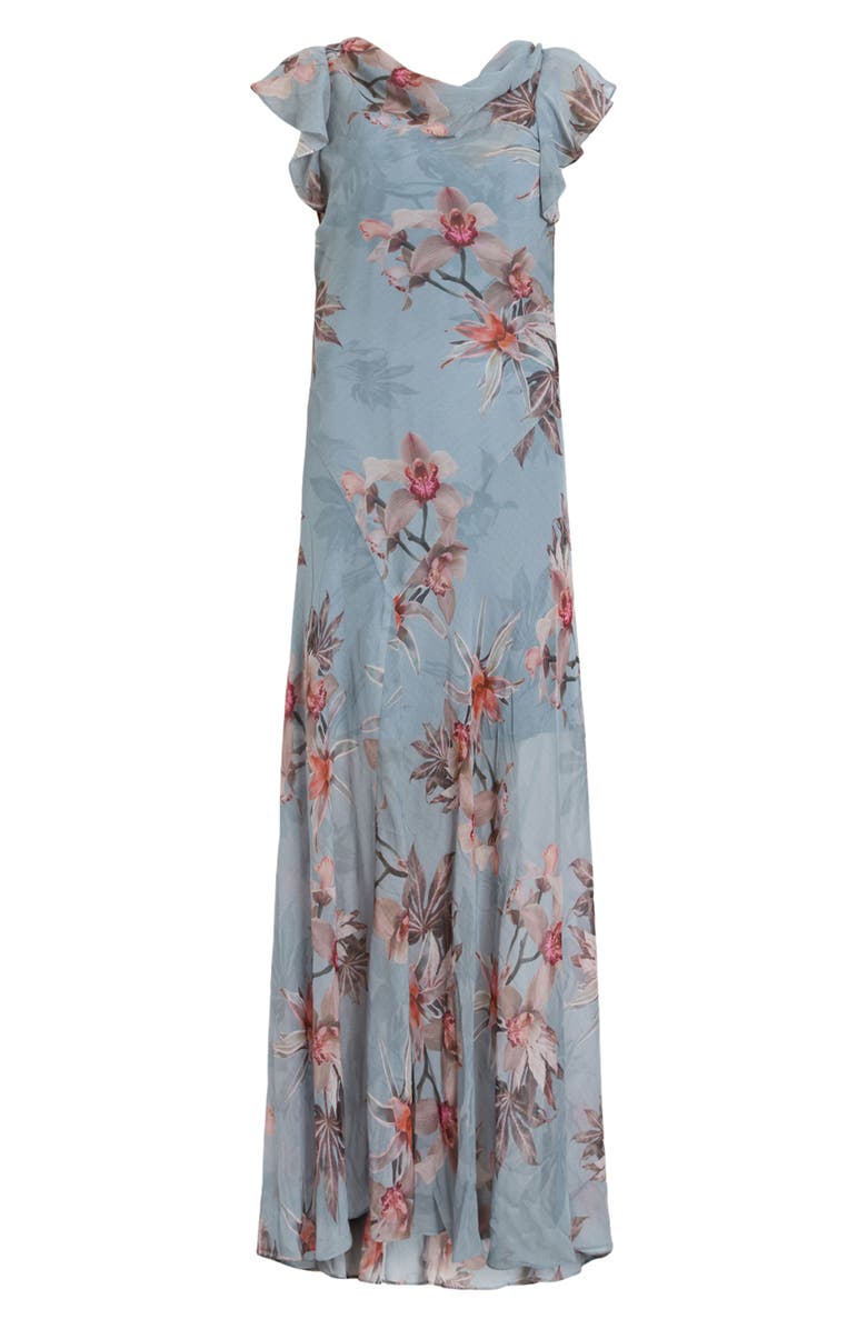 AllSaints Floral Ruffle Maxi Dress, Alternate, color, Adena Dusty Blue