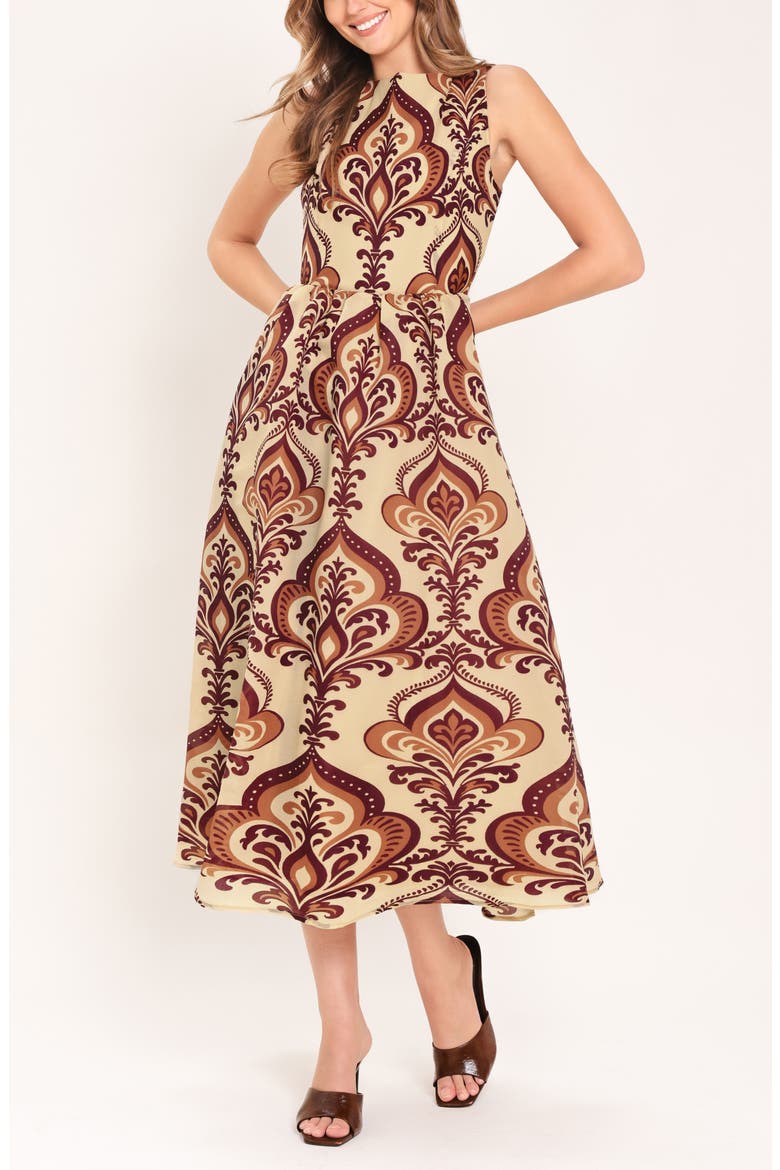 Damask Print Sleeveless Fit & Flare Midi Dress, Alternate, color, TAUPE