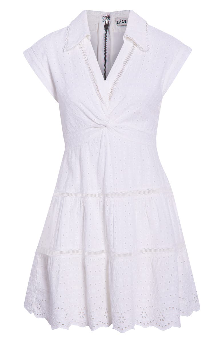 Alice + Olivia Mila Deep V-Neck Cotton & Linen Eyelet Minidress, Alternate, color, Off White