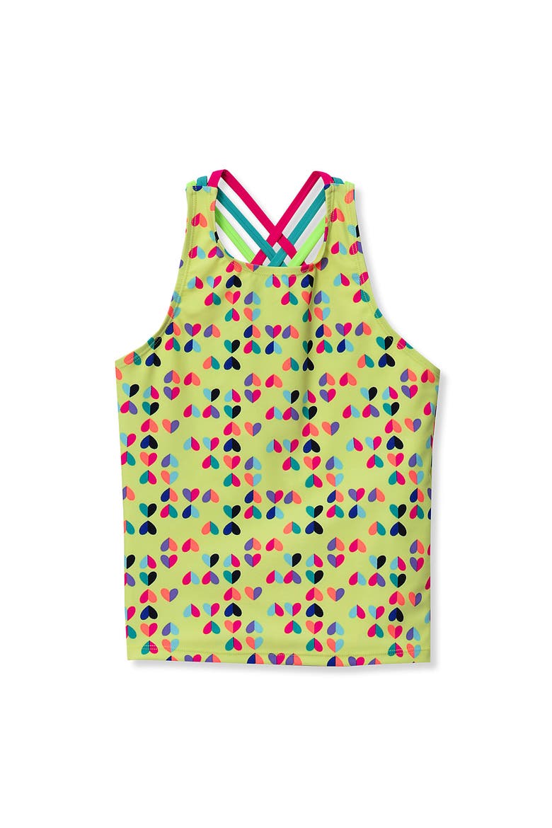Girls Chlorine Resistant Strappy X-Back Tankini Top, Main, color, Hearts/Neon Yellow