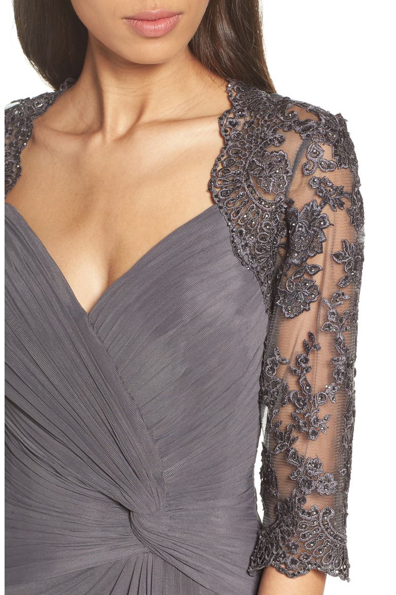 Jersey Gown with Knot Detail and Lace Sleeves, Alternate, color, GUNMETAL
