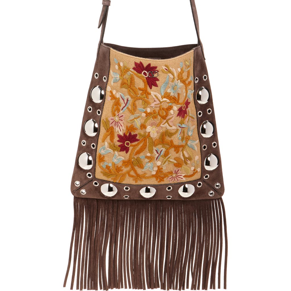 Valentino Garavani Small Nellcote Fringe Stud Embroidered Crossbody Bag In Brown/black