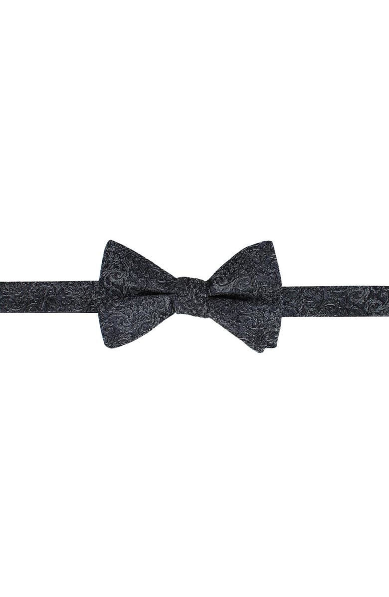 Trafalgar Esteban Scrolling Vines Tone on Tone Patterned Silk Bow Tie, Main, color, Silver And Black