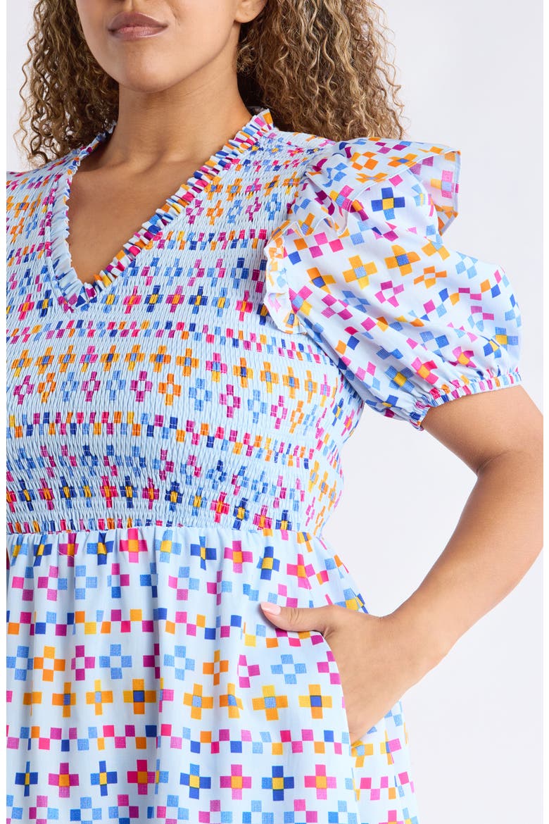 Kessa Geo Leones Smocked Minidress, Alternate, color, LT-BLUE-MULT