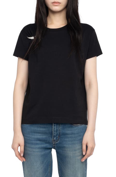 Suza Rhinestone Wing Pin Cotton T-Shirt