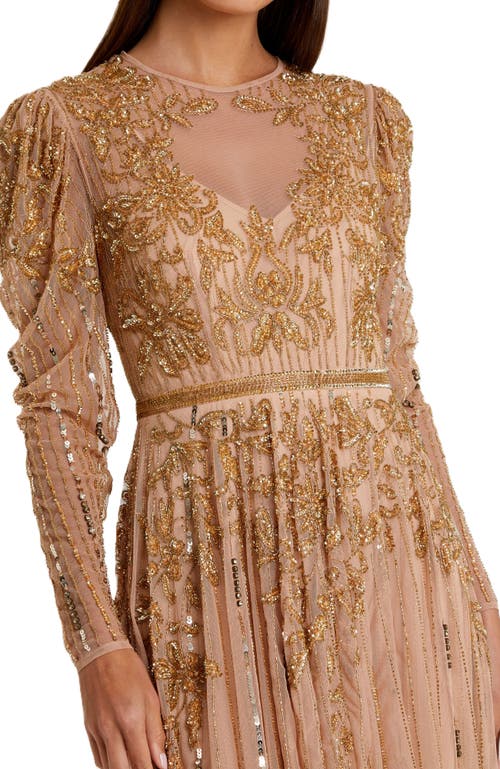 Mac Duggal Beaded Illusion Puff Sleeve Gown In Nude Gold