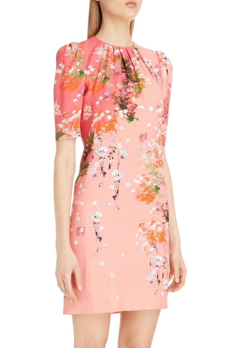 Gathered Neck Floral Print Crepe Dress, Alternate, color, DARK PINK