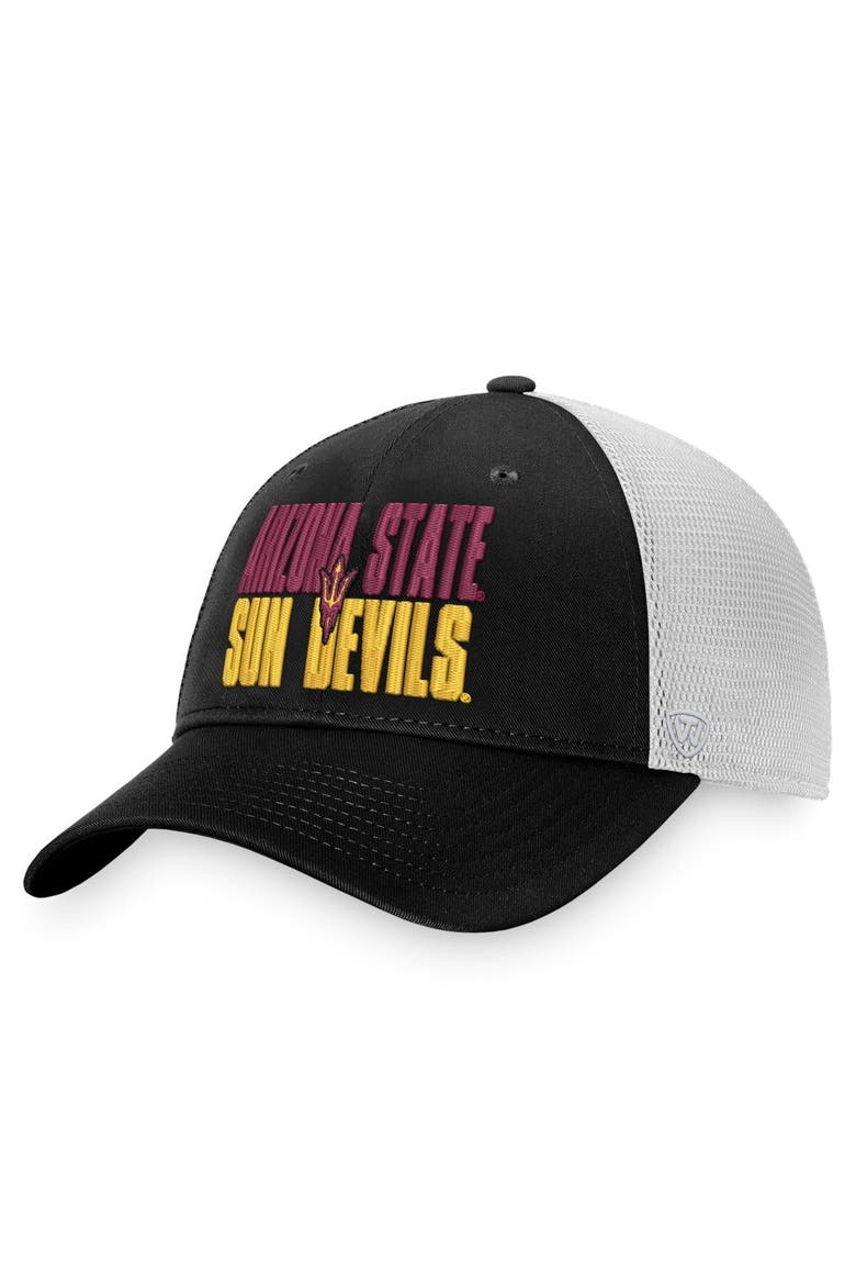 Men's Top of the World Black/White Arizona State Sun Devils Stockpile Trucker Snapback Hat, Main, color, Black