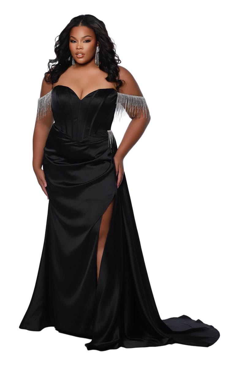 Johnathan Kayne for Sydney's Closet Plus Size Fringe Off the Shoulder Corset Satin Gown Over Skirt Slit, Main, color, Onyx
