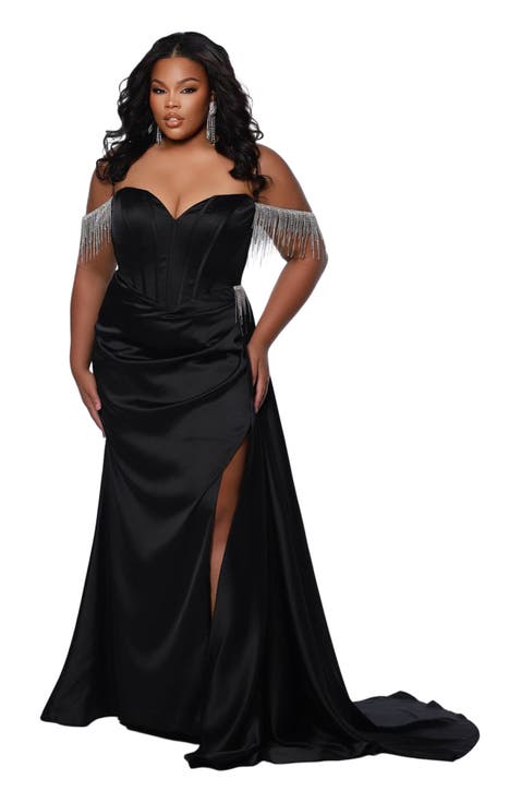 Plus Size Fringe Off the Shoulder Corset Satin Gown Over Skirt Slit