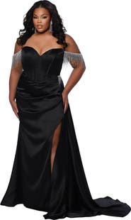 Johnathan Kayne for Sydney's Closet Plus Size Fringe Off the Shoulder Corset Satin Gown Over Skirt Slit