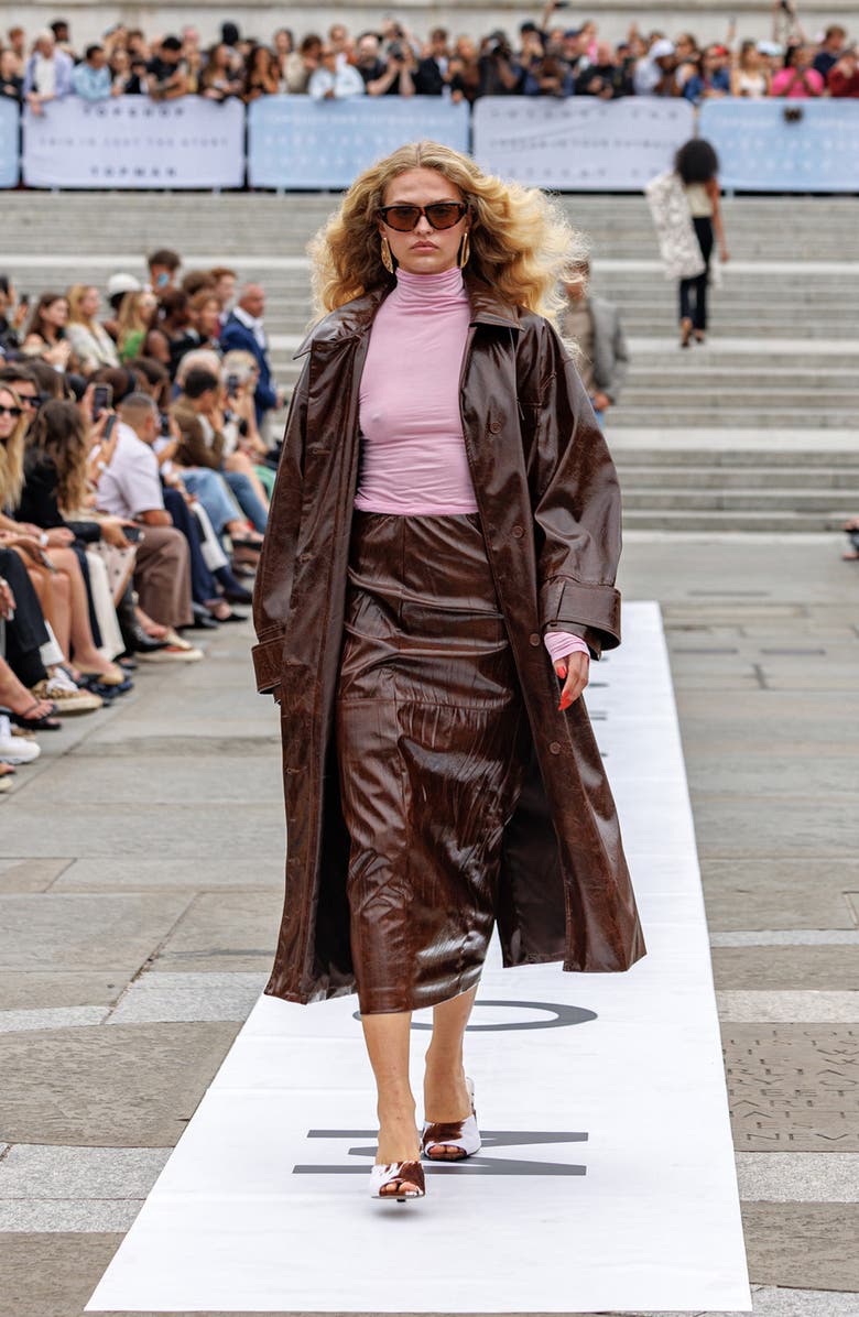 Topshop Faux Leather Midi Skirt, Alternate, color, Brown