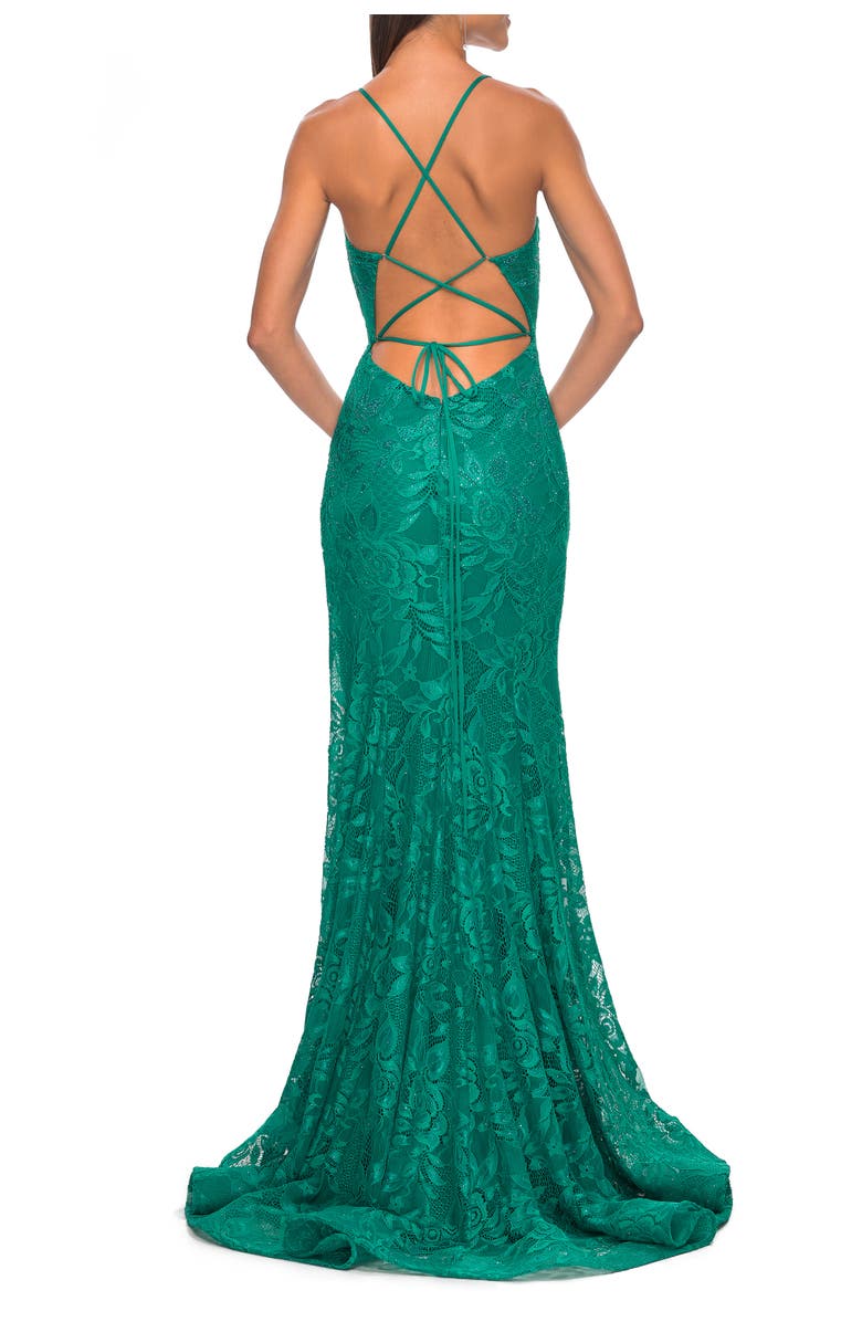 La Femme Rhinestone Lace Embellished Prom Dress with High Side Slit in Bright Colors, Alternate, color, Jade