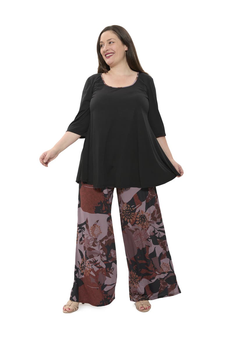 Plus Size Floral Print Scoop Neck Elbow Sleeve Swing Tunic Top and Pant Set, Main, color, Brown Multi