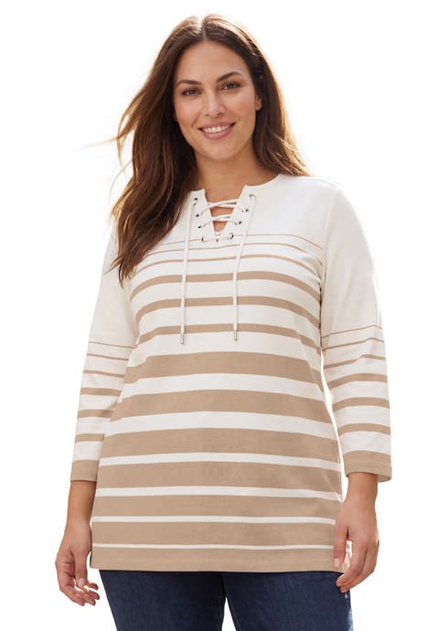 Stretch Cotton Lace-Up Boatneck Tunic (Plus)