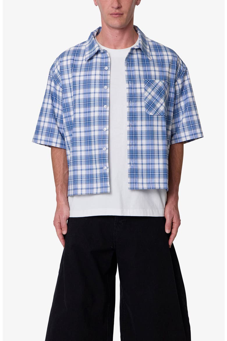 Plaid Crop Short Sleeve Cotton Flannel Button-Up Shirt, Alternate, color, BLUE