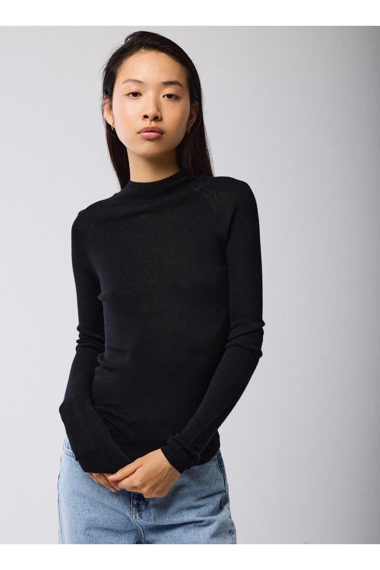 Merino Silk Micro Rib Long Sleeve Knit Mock Neck, Main, color, NOIR