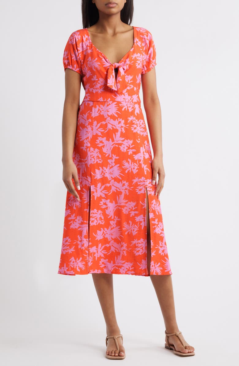 Loveappella Tie Front Slit Midi Dress, Main, color, Red/ Pink