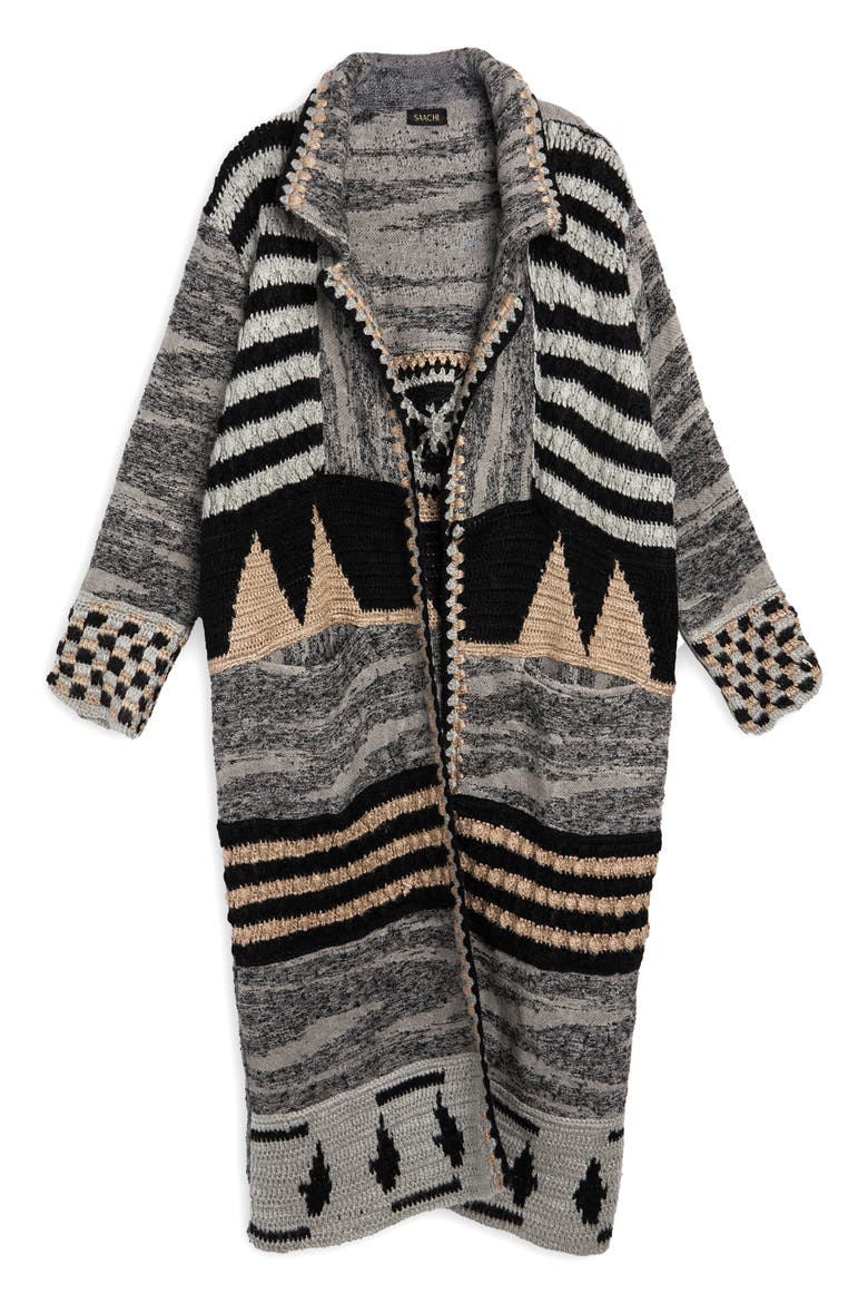 Geometric Crochet Longline Cardigan, Alternate, color, BLACK