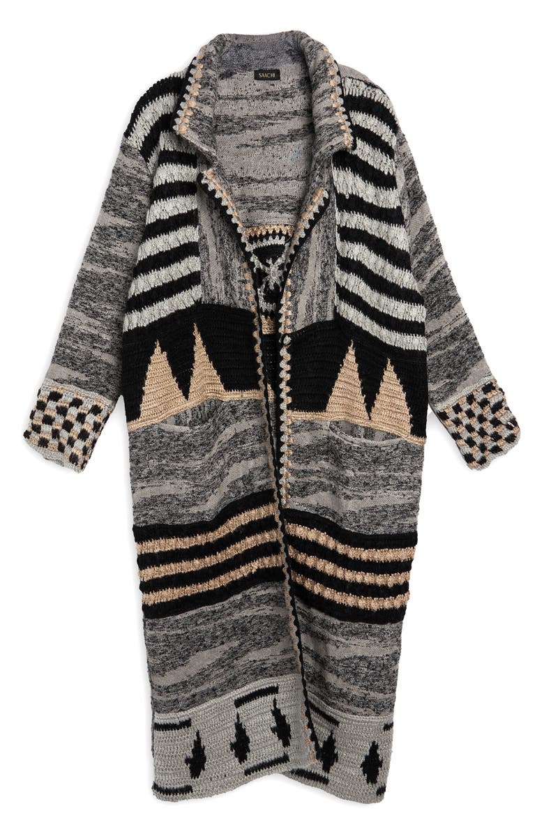 SAACHI Geometric Crochet Longline Cardigan, Alternate, color, Black