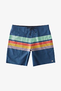 Blue board shorts with multicolored stripes.