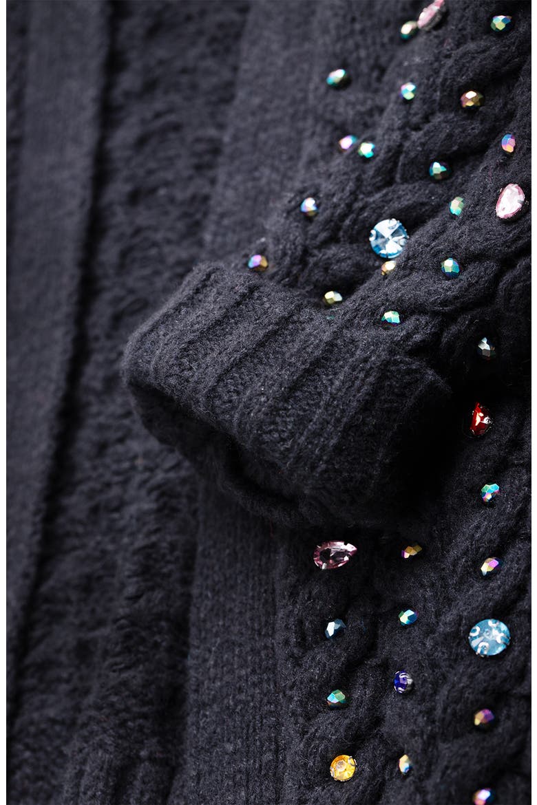 Rhinestone Cable Knit Cardigan, Alternate, color, BLACK