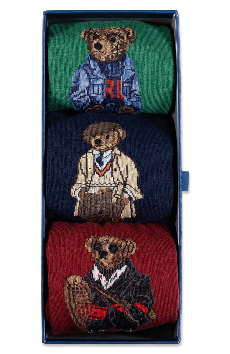 Polo Ralph Lauren Assorted 3-Pack Polo Bear Crew Socks Gift Box, Alternate, color, Blue Multi