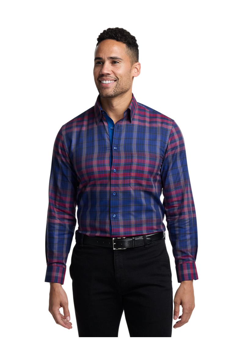 Cotton Plaid Point Collar Casual Shirt, Alternate, color, Blue/Burgundy