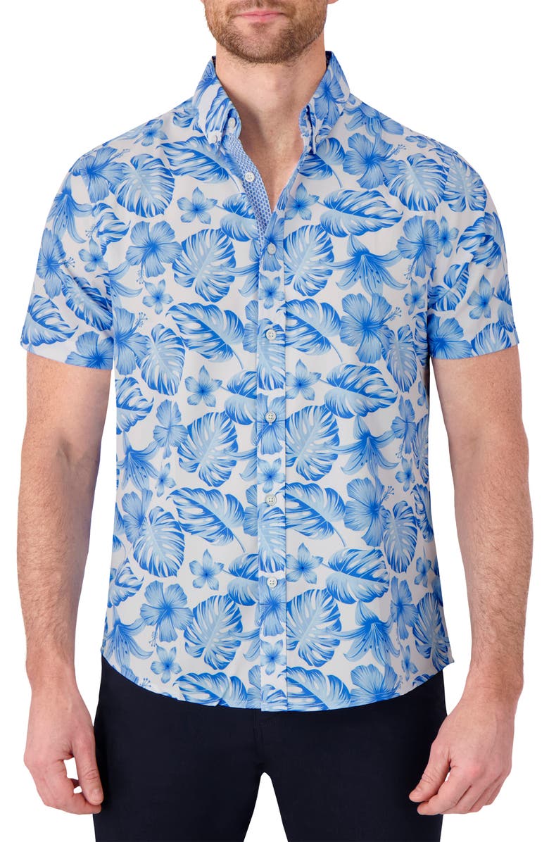 Report Collection Tropical Print Short Sleeve 4-Way-Stretch Button-Down Shirt, Main, color, Blue