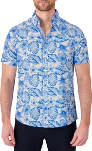 Report Collection Tropical Print Short Sleeve 4-Way-Stretch Button-Down Shirt