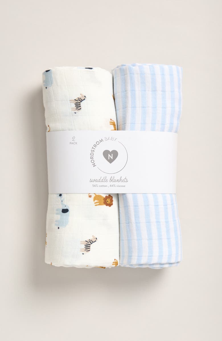 Nordstrom 2-Pack Assorted Muslin Swaddles, Alternate, color, White Zoo Animals Pack