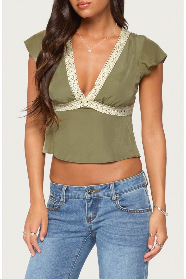 Kaela Lace Trim Flutter Sleeve Top, Main, color, OLIVE