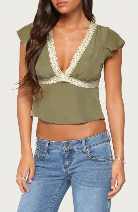 Kaela Lace Trim Flutter Sleeve Top