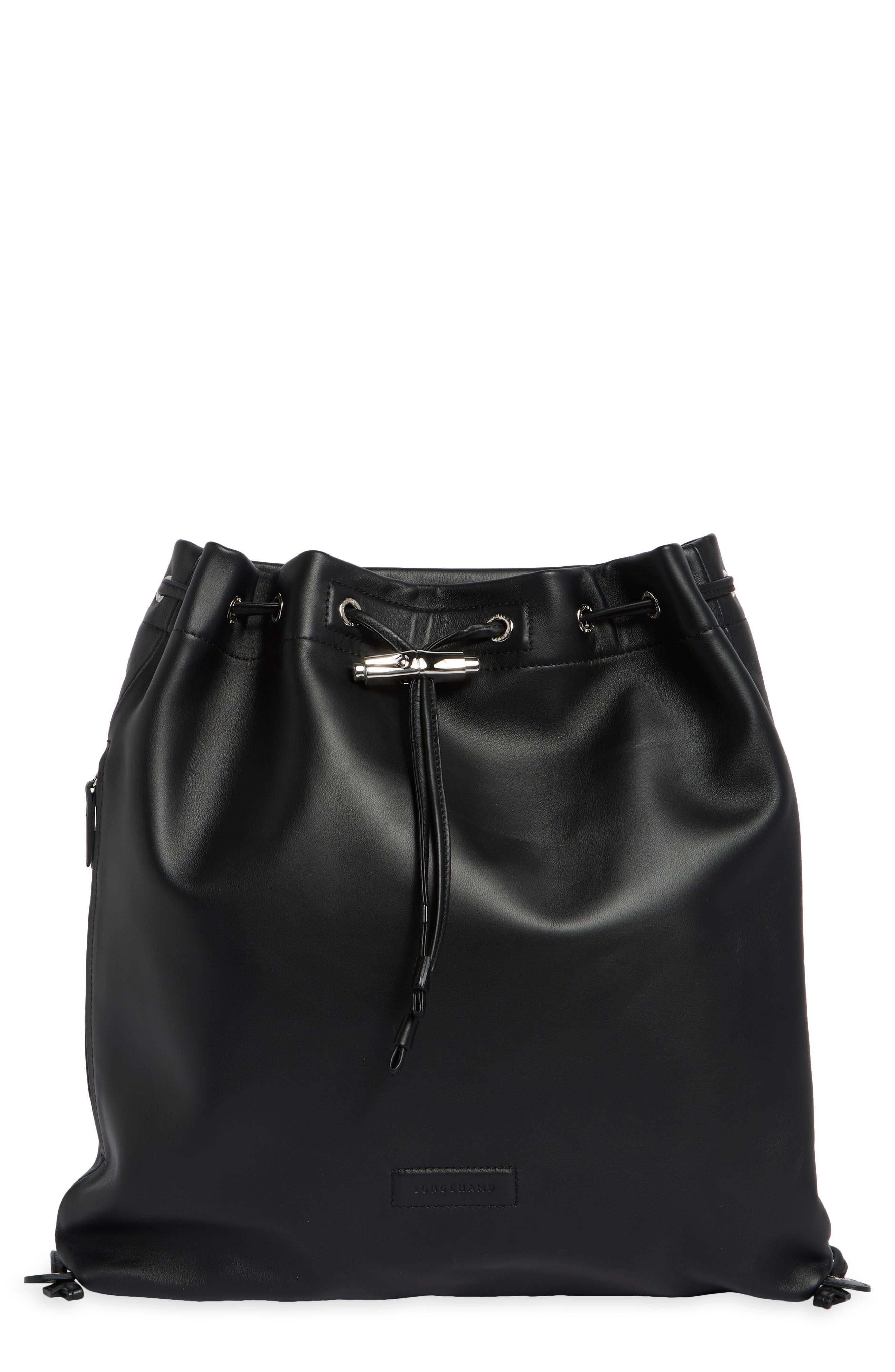 Roseau Leather Drawstring Backpack, Main, color, BLACK