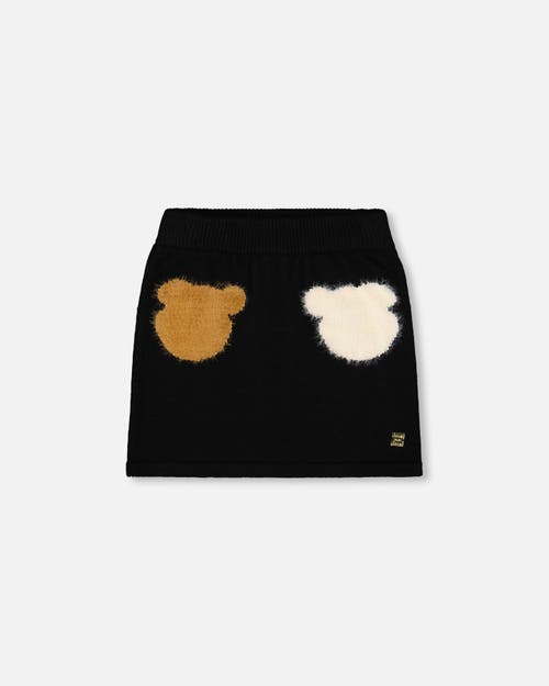 Deux Par Deux Knitted Skirt With Bear Intarsia In Black