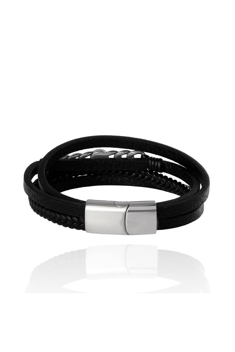 Men's Multi-Row Chain 8.25'' Bracelet with Compass Emblem, Black, Alternate, color, Black