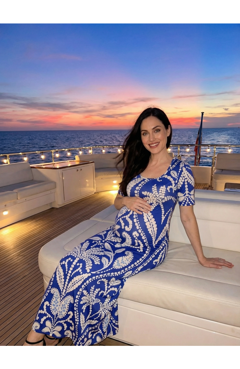 24seven Comfort Apparel Maternity Floral Scoop Neck Elbow Sleeve A-Line Maxi Dress, Alternate, color, Blue Multi